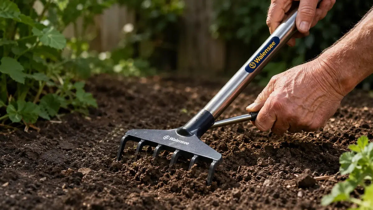 Close-up of a bow rake's steel tines and flat leveling back pulling loose dirt smooth across a garden bed