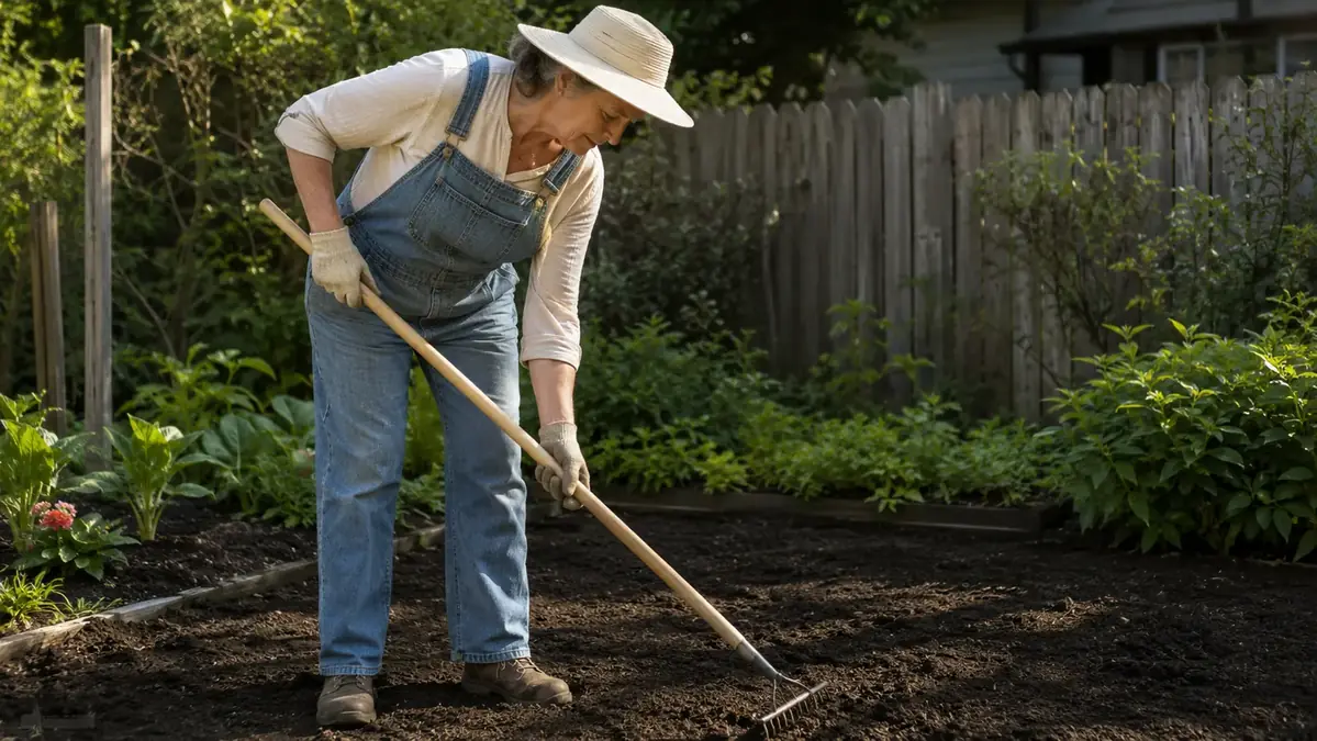 Woman in gardening gloves pulling a steel bow rake across a freshly turned garden bed to level the soil