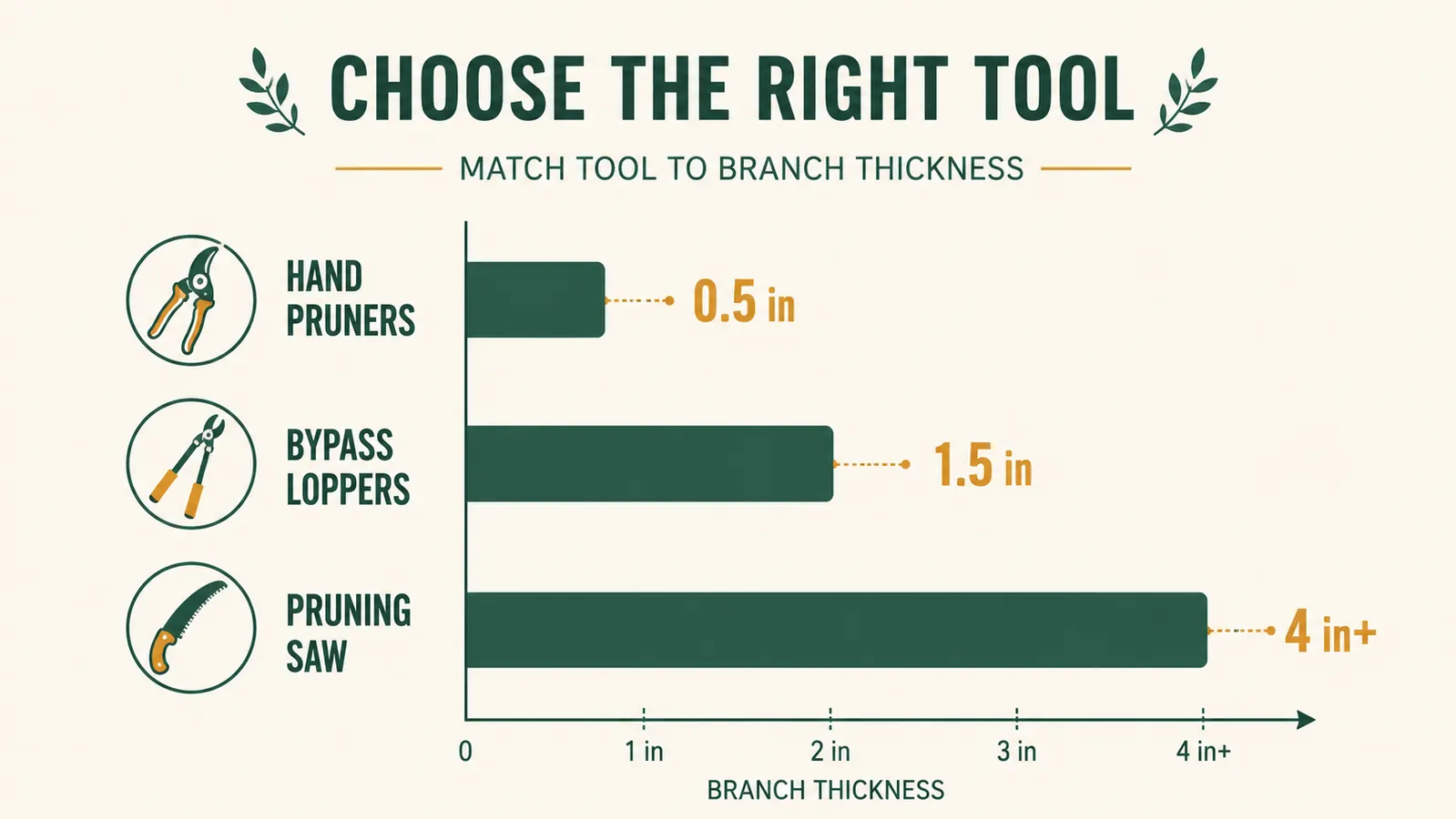 Chart comparing maximum branch cutting diameter for hand pruners versus bypass loppers versus a pruning saw
