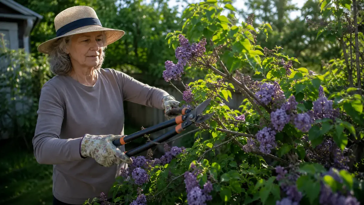 Woman in gardening gloves using long-handled bypass loppers to cut a thick branch on an overgrown lilac hedge