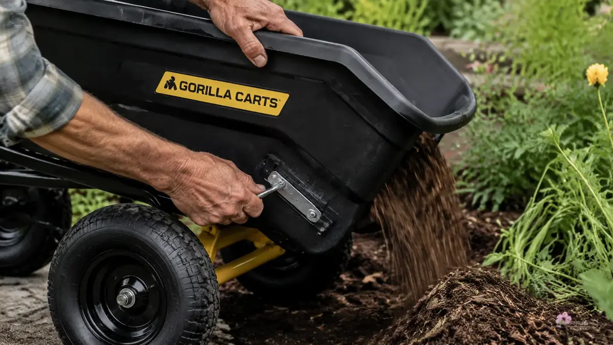 Close-up of hands tilting the poly tub of a dump cart to release mulch onto a garden bed using the quick-release latch