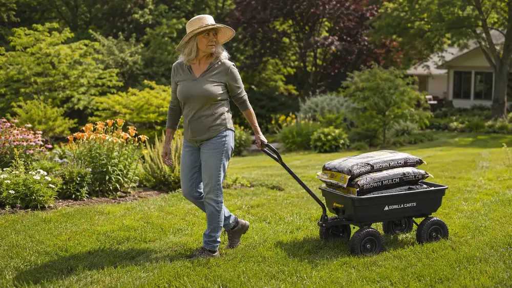 Woman in gardening gloves pulling a black poly dump cart loaded with mulch bags across a backyard lawn