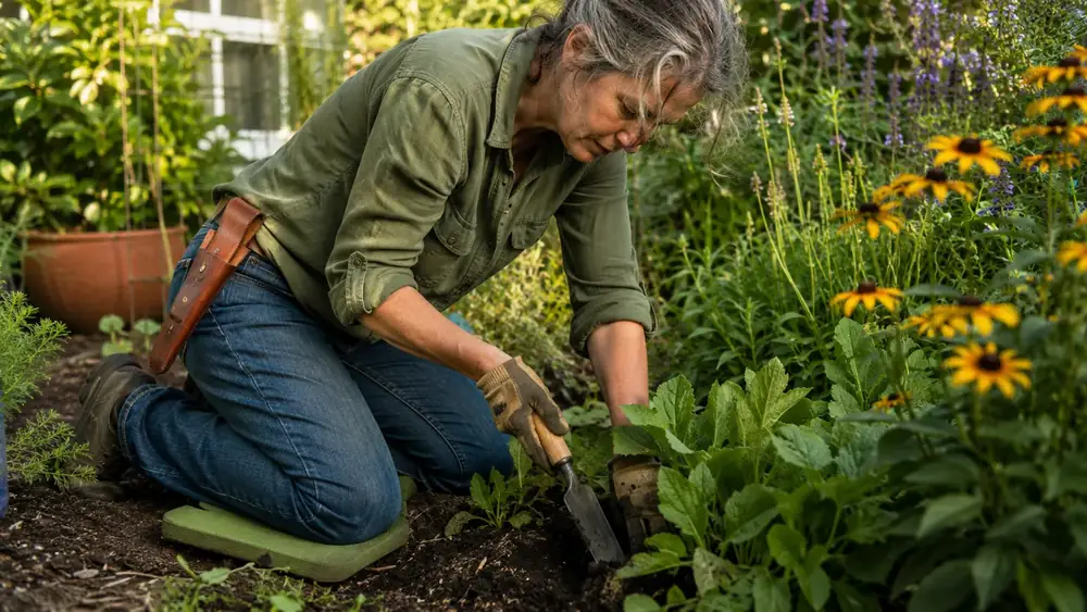 Woman kneeling in a garden bed using a hori hori knife to dig out a weed by the root