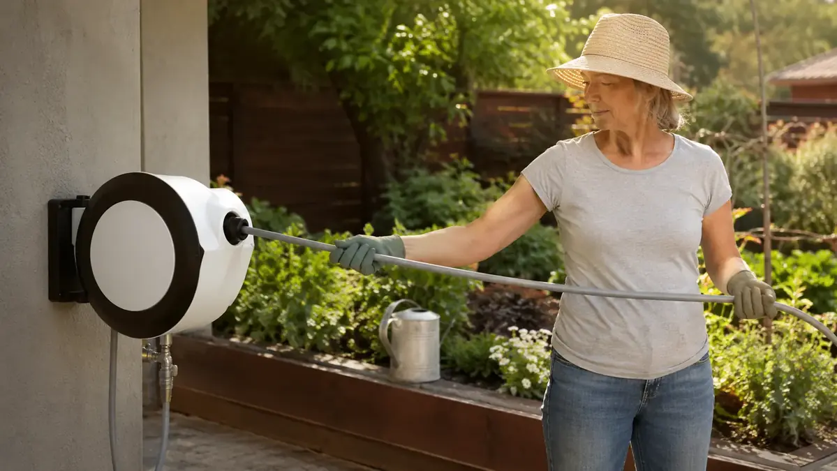 Woman in gardening gloves pulling hose smoothly from a wall-mounted retractable hose reel in a backyard