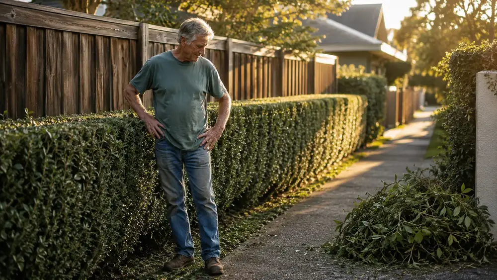 Neatly trimmed hedge line along the same fence, branches cleared from the walkway
