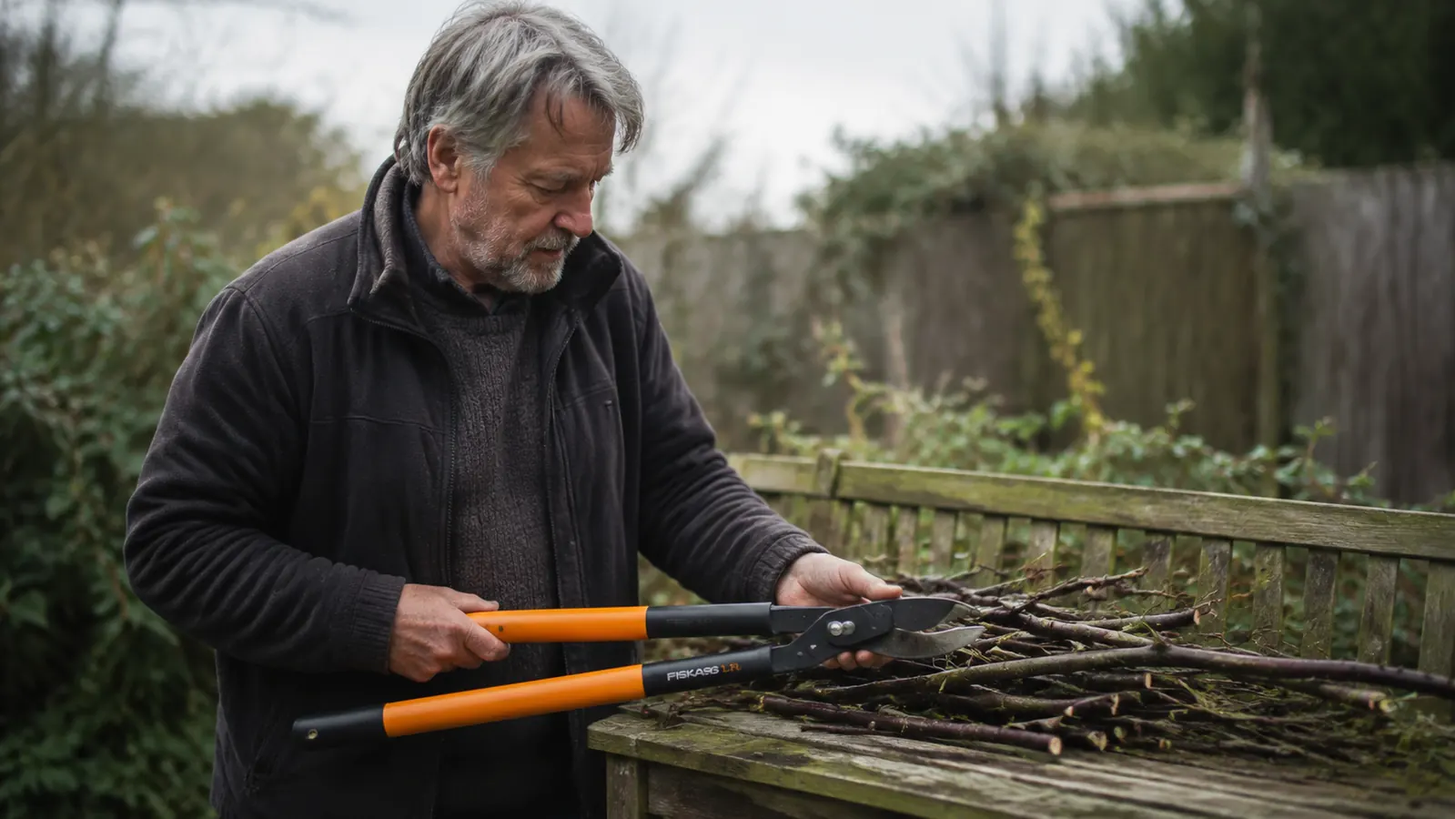 Fiskars 28-inch bypass loppers resting on a garden bench next to a pile of cut blackberry canes