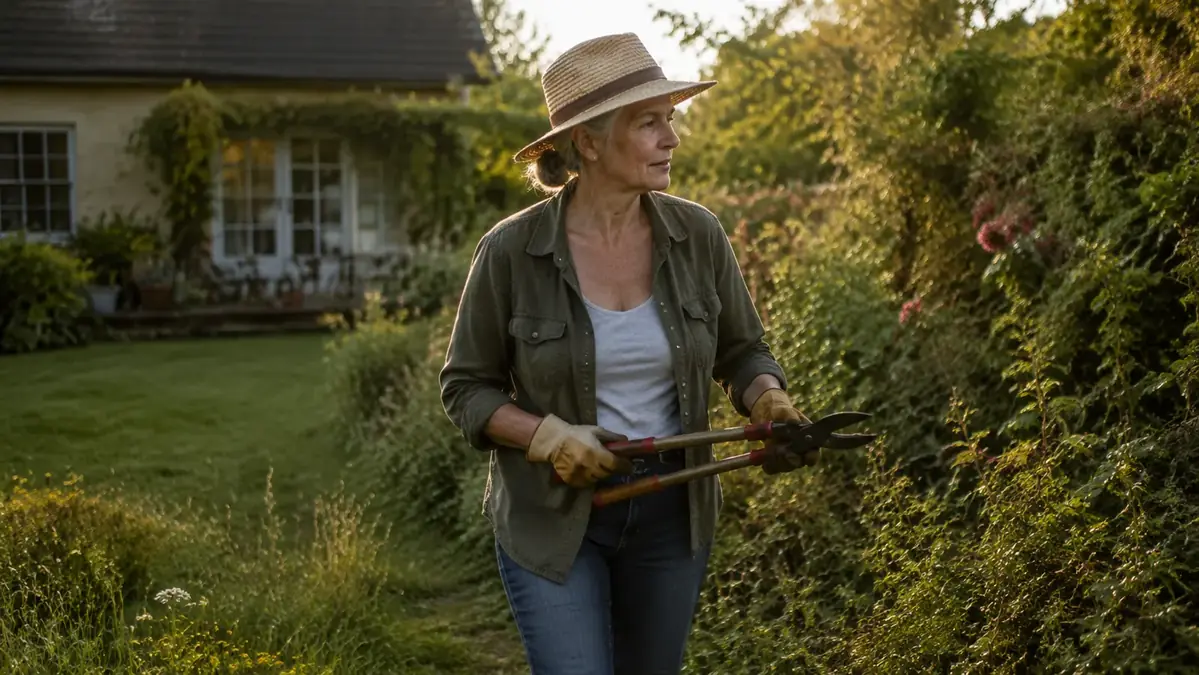 Gardener carrying Fiskars bypass loppers across a backyard toward an overgrown hedge line