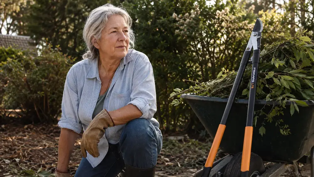 Pair of Fiskars 28-inch bypass loppers leaning against a wheelbarrow full of cut branches in a backyard garden