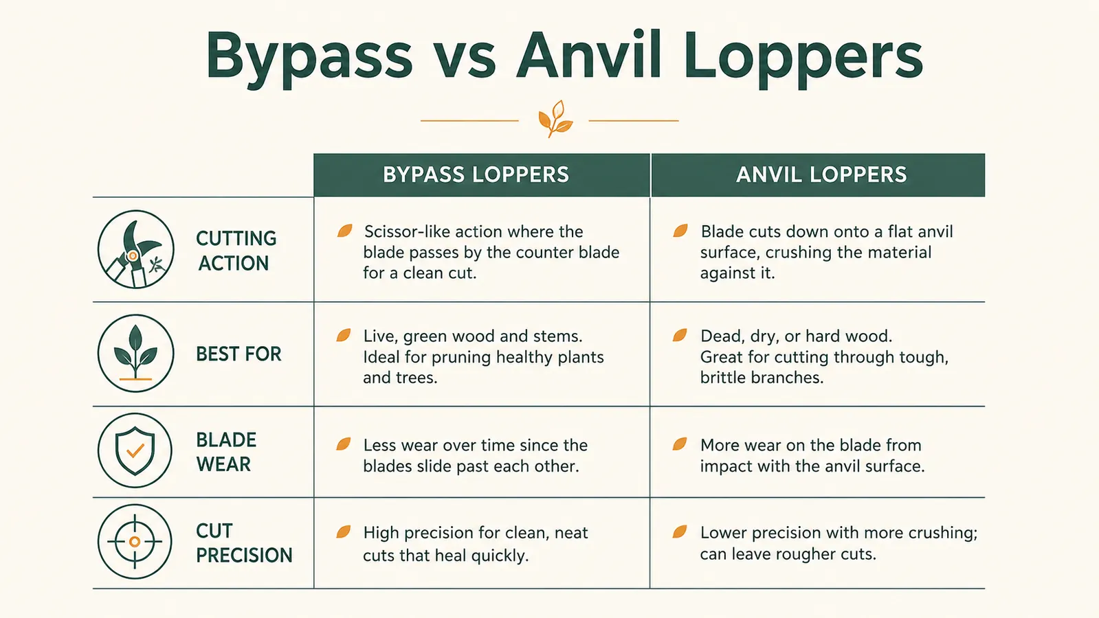 Chart comparing bypass loppers and anvil loppers across cutting style, best use, blade wear, and precision