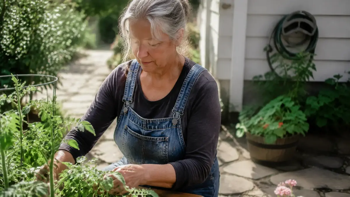 Woman standing in a backyard garden near a flagstone patio with a retractable hose reel mounted on the garage wall in the background