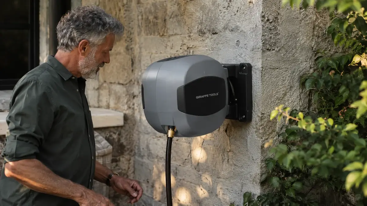 Retractable hose reel housing mounted on a wall with the swivel bracket angled toward a garden bed, hose fully retracted