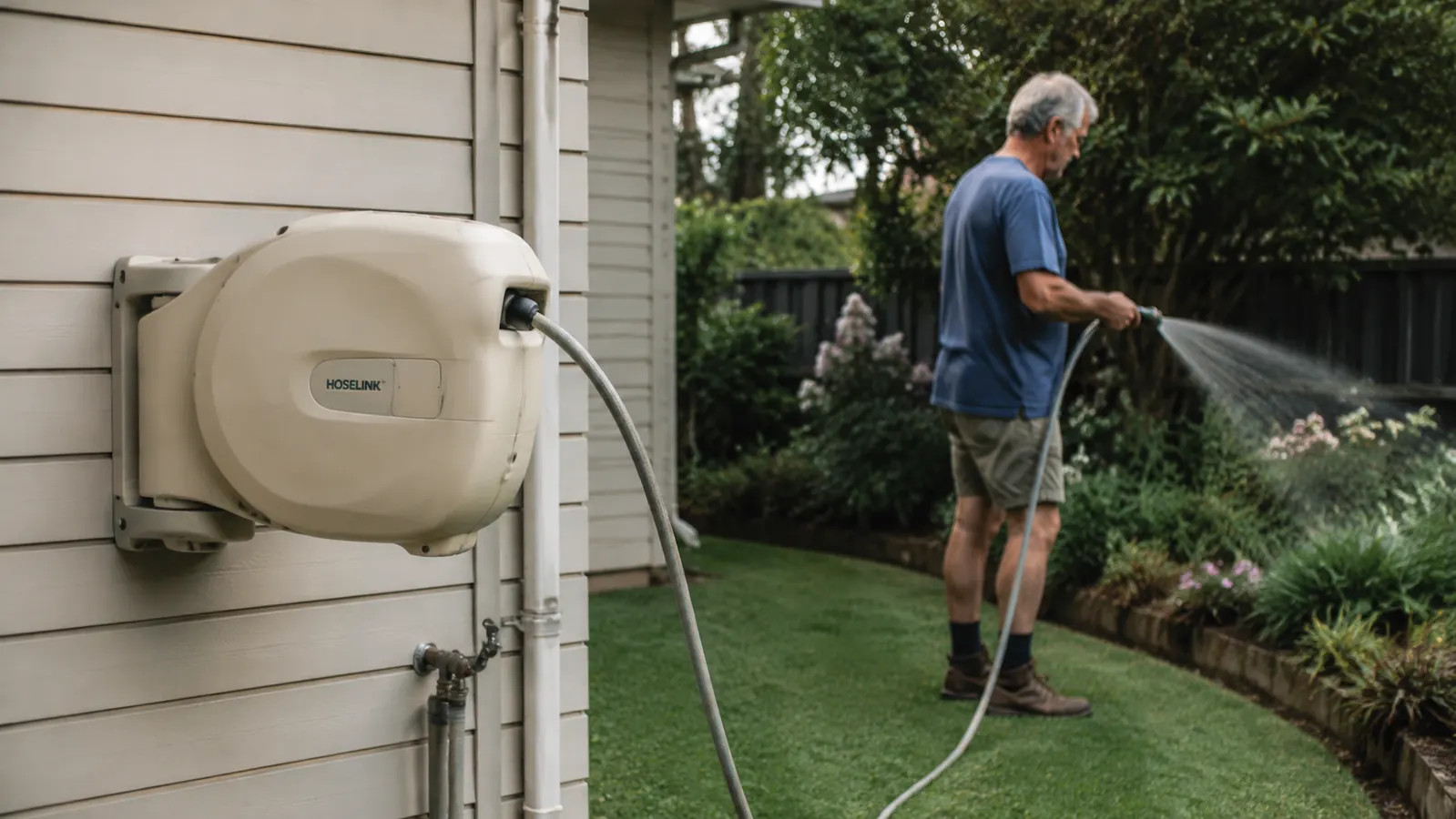 Wall-mounted retractable garden hose reel installed on a garage exterior with hose partially extended across a lawn