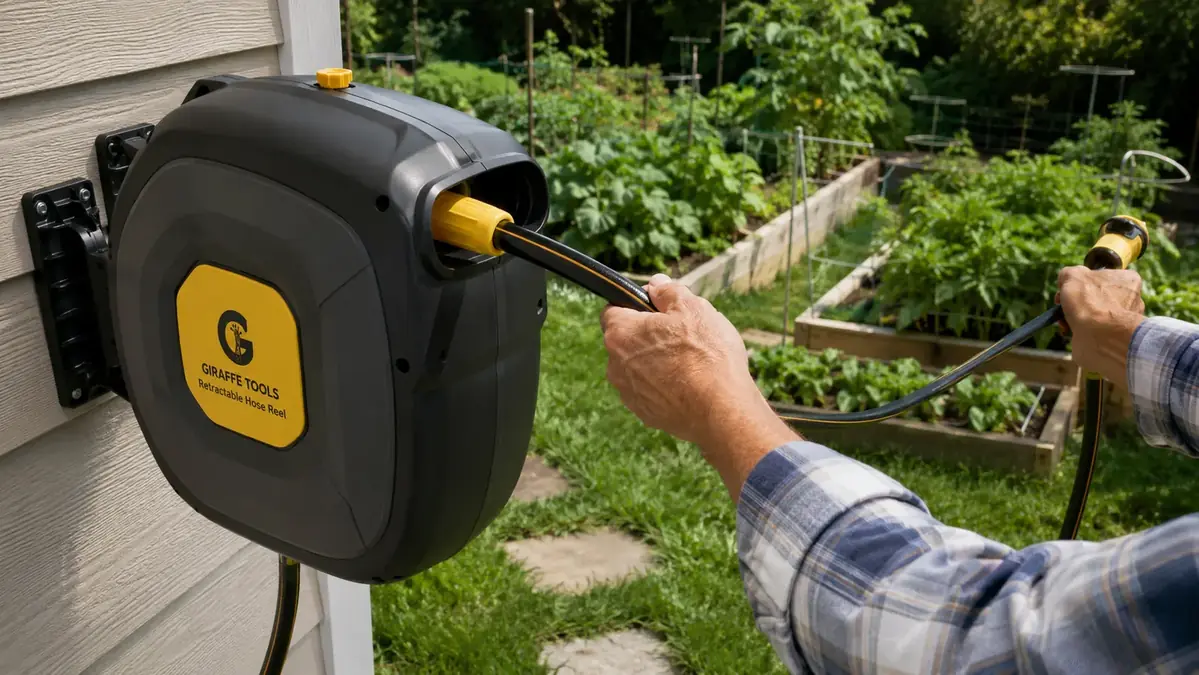 Hand pulling the garden hose from a wall-mounted retractable reel toward raised garden beds