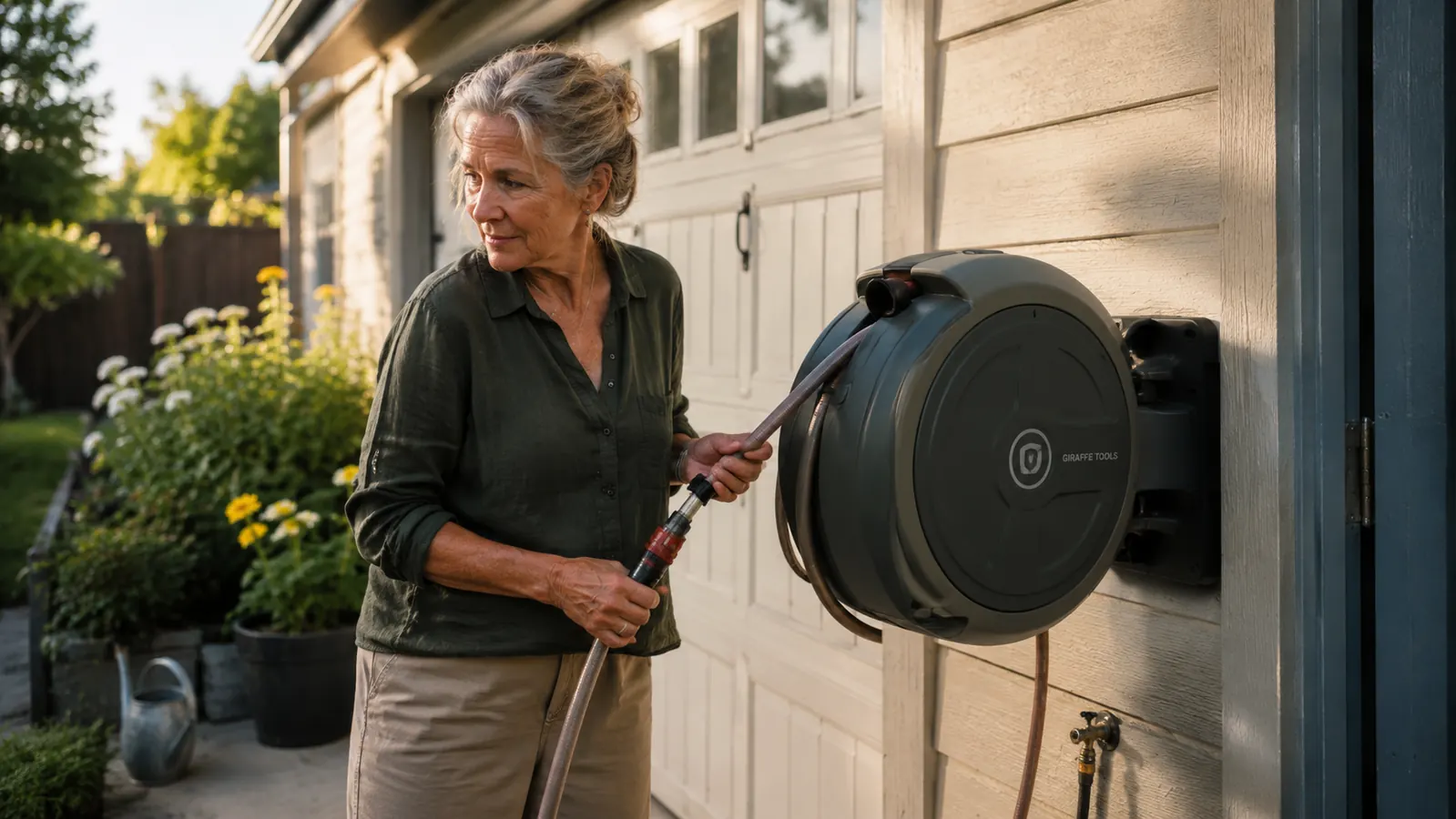 Wall-mounted retractable garden hose reel installed beside a garage door with the hose neatly retracted