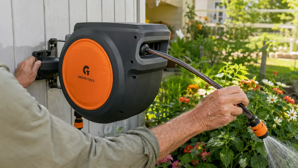 Hand pulling hose from a wall-mounted Giraffe Tools retractable reel toward a flower bed