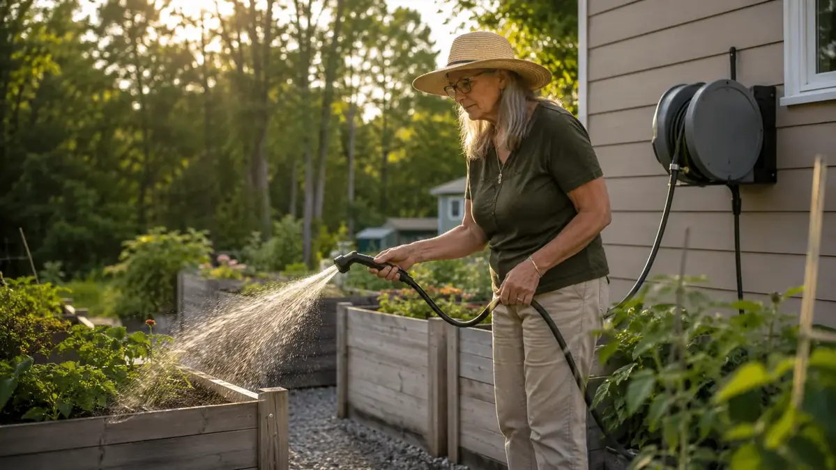 Woman in her 60s watering raised garden beds with a hose pulled from a wall-mounted retractable reel