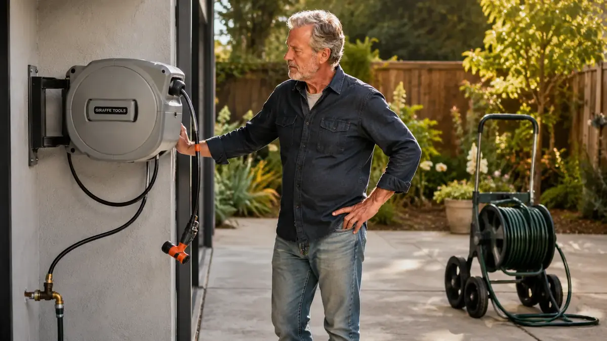 Giraffe Tools retractable hose reel mounted on a garage wall next to a wheeled rolling hose cart standing on a driveway