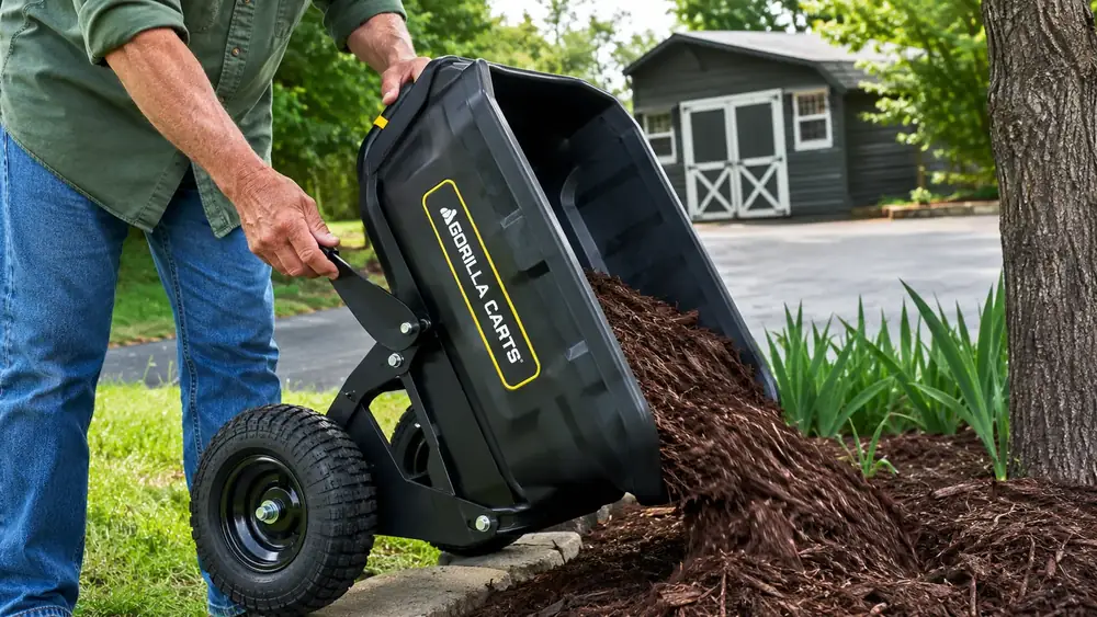 Hand pulling the tub-tip lever on a Gorilla Carts poly dump cart to empty mulch onto a garden bed