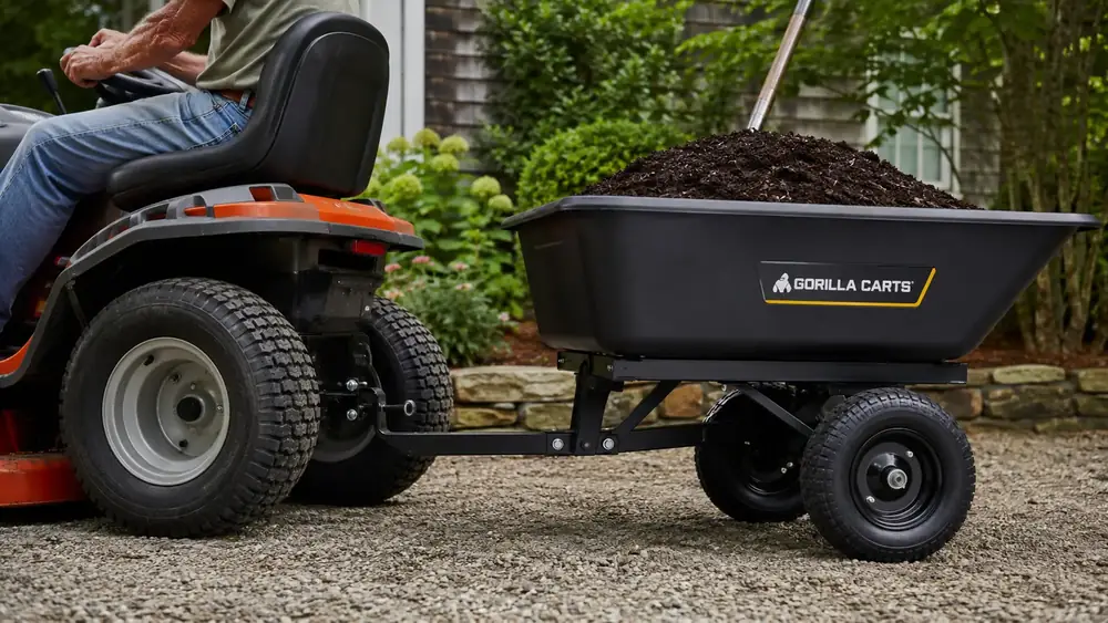 Side view of the Gorilla Carts pneumatic tire and steel undercarriage hitched to a riding mower