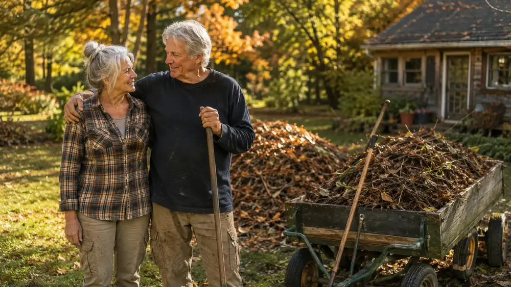 Older couple standing together in their backyard next to a loaded dump cart and a pile of fall leaves