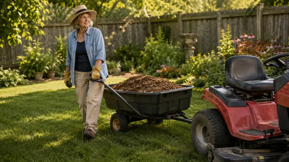 Woman in gardening gloves pulling a green poly dump cart loaded with mulch behind a riding mower in a backyard
