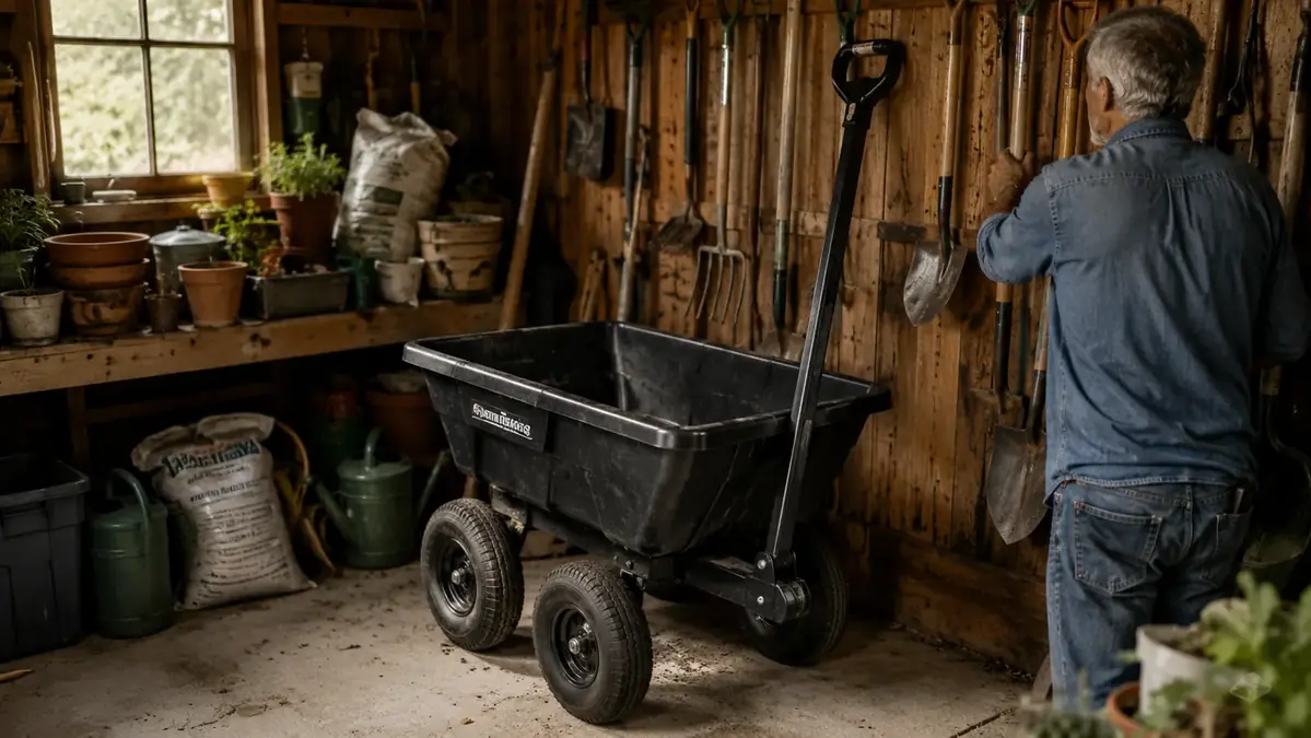 Gorilla Carts dump cart stored in the corner of a garden shed with its tongue leaned against the wall