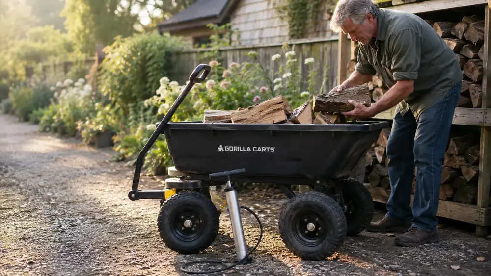 Black Gorilla Carts poly dump cart parked beside a woodpile with a hand pump resting on the tire