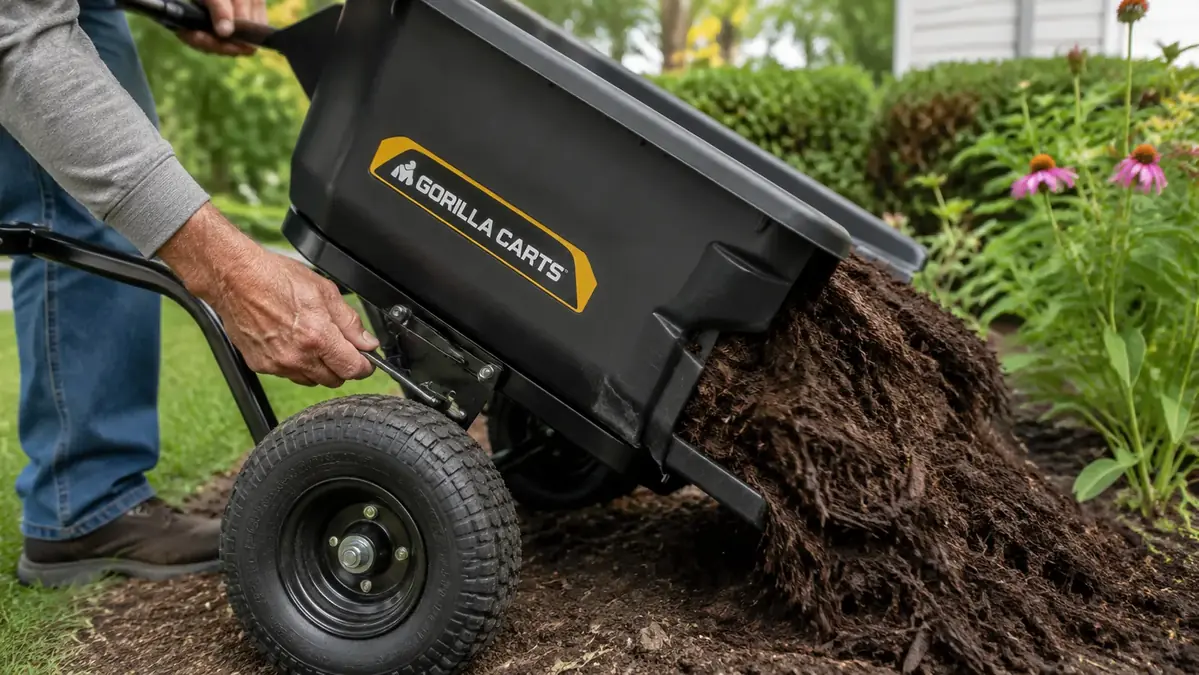 Hand pulling the quick-release lever on the Gorilla Carts dump cart to tip mulch into a garden bed