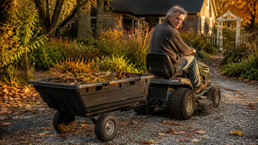 Gorilla Carts dump cart being towed behind a riding mower along a gravel path lined with fall leaves
