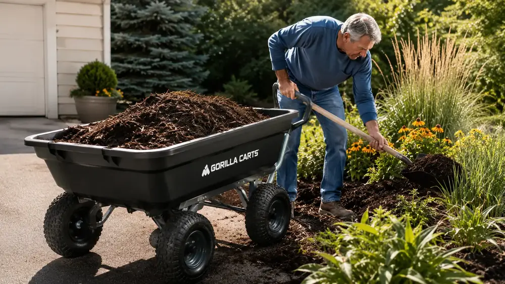 Black Gorilla Carts poly dump cart loaded with dark mulch parked in a driveway beside a garden bed
