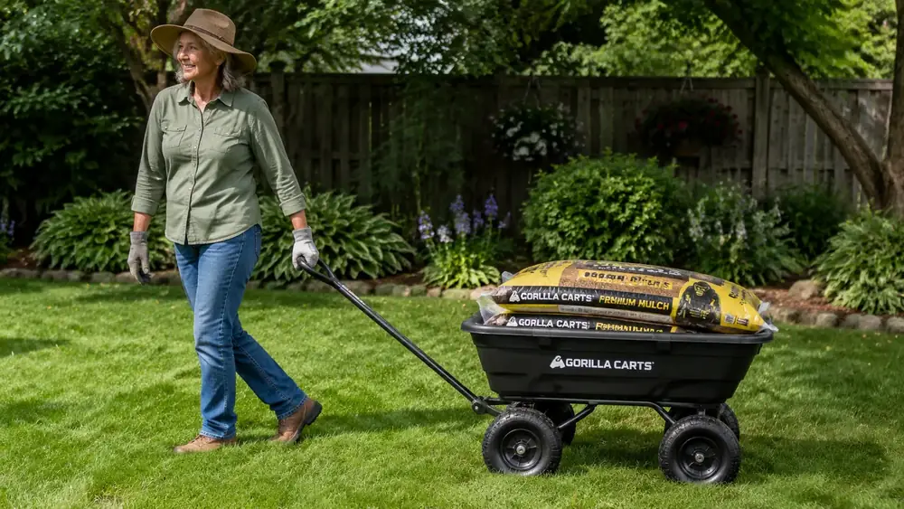 Woman in her 60s pulling a loaded Gorilla Carts dump cart across a lawn by its long tow handle