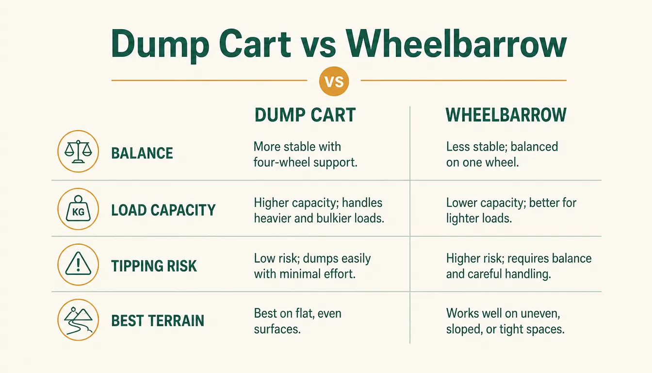 Chart comparing Gorilla Cart and wheelbarrow across balance, load capacity, tipping risk, and ease of use