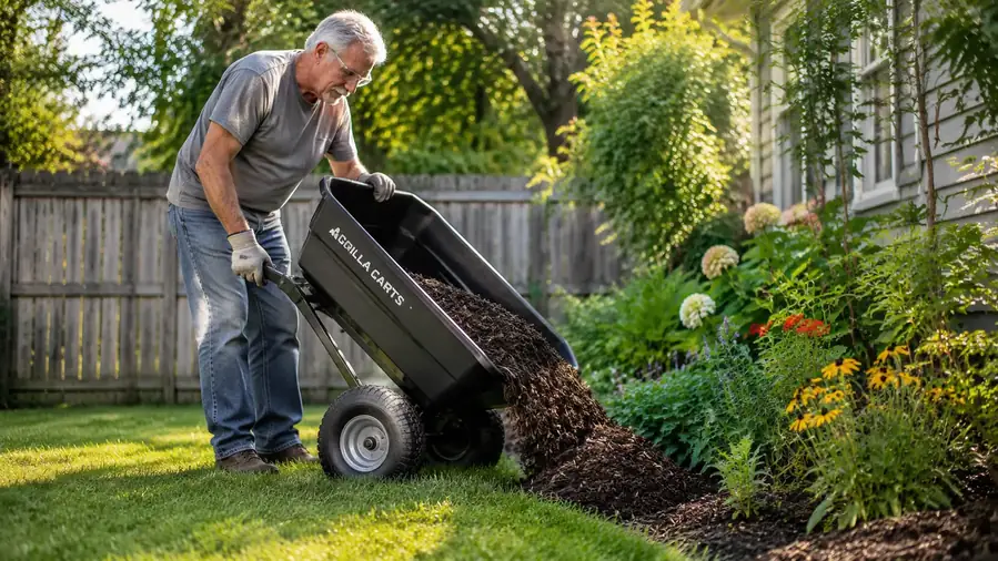 Older gardener tipping a Gorilla Carts dump cart to unload mulch into a flower bed using the quick-release dump feature