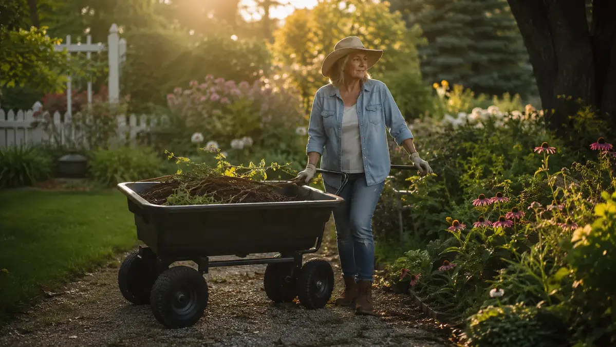 A gardener with a loaded garden dump cart beside a mulched flower bed in warm morning light