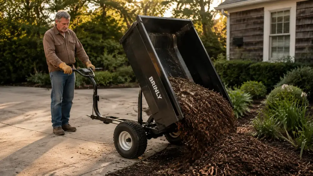 Empty dump cart tipped forward mid-dump releasing mulch onto a garden bed with an empty driveway in the background