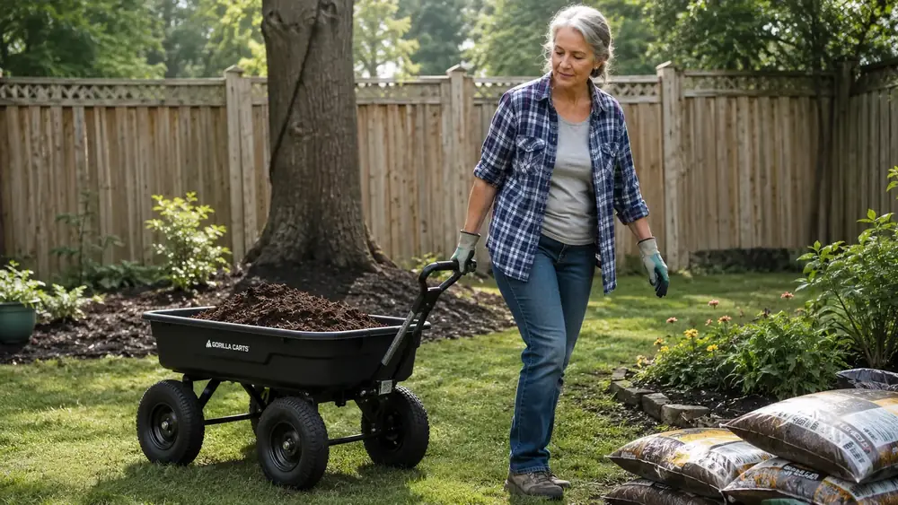 Woman in gardening gloves pulling a black poly dump cart loaded with mulch across a backyard lawn