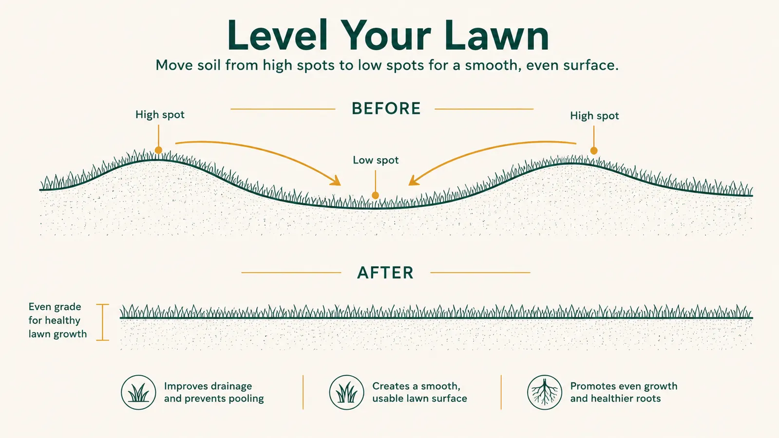 Diagram comparing an uneven lawn cross-section before leveling to a smooth graded bed after leveling