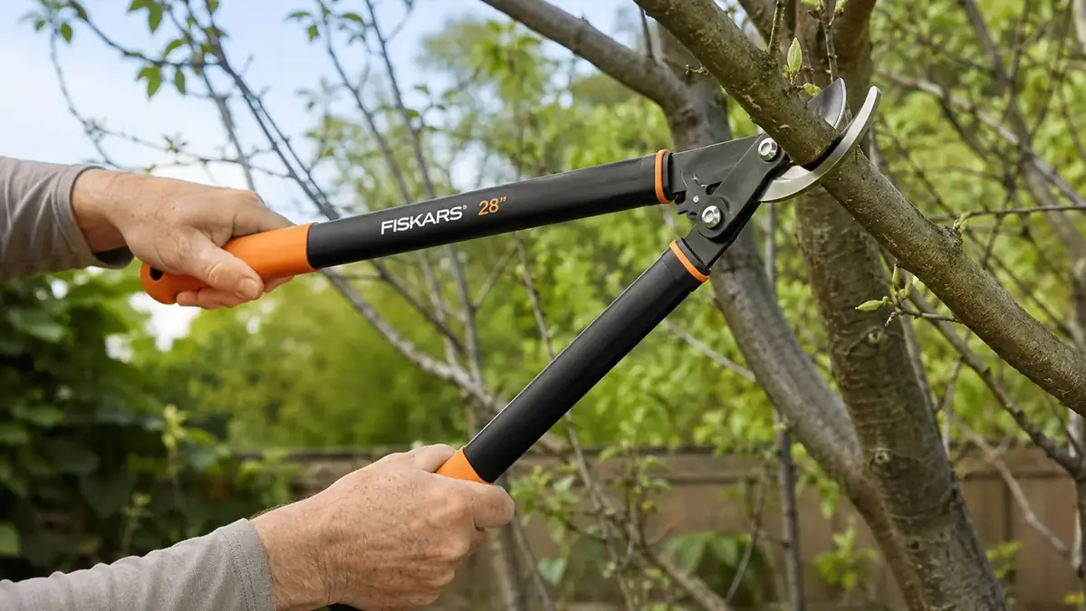 Close-up of hands using orange bypass loppers to cut a thick lilac branch at an angle above a bud