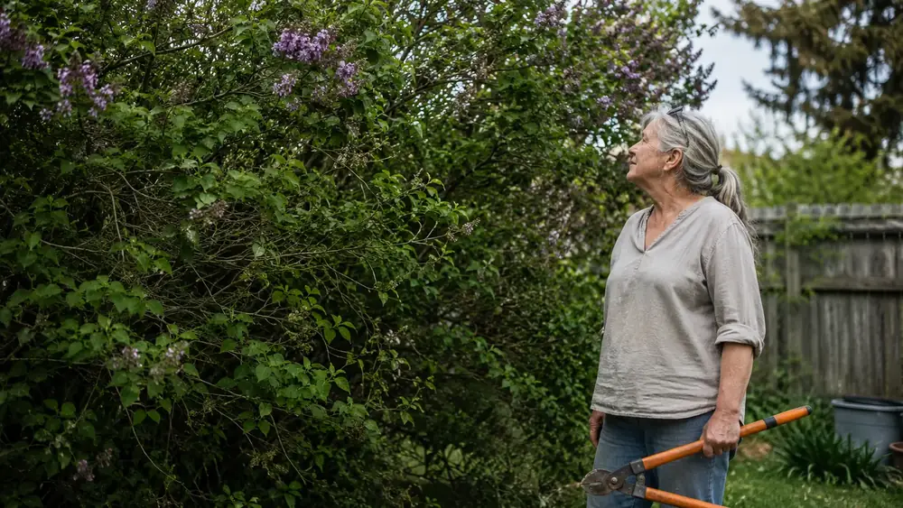 Woman in gardening gloves standing beside a tall overgrown lilac hedge with bypass loppers in hand, morning light