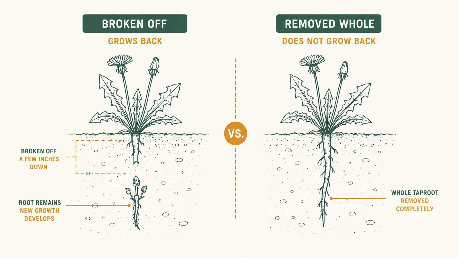 Diagram comparing a snapped-off weed root left in the ground to a full taproot pulled out intact