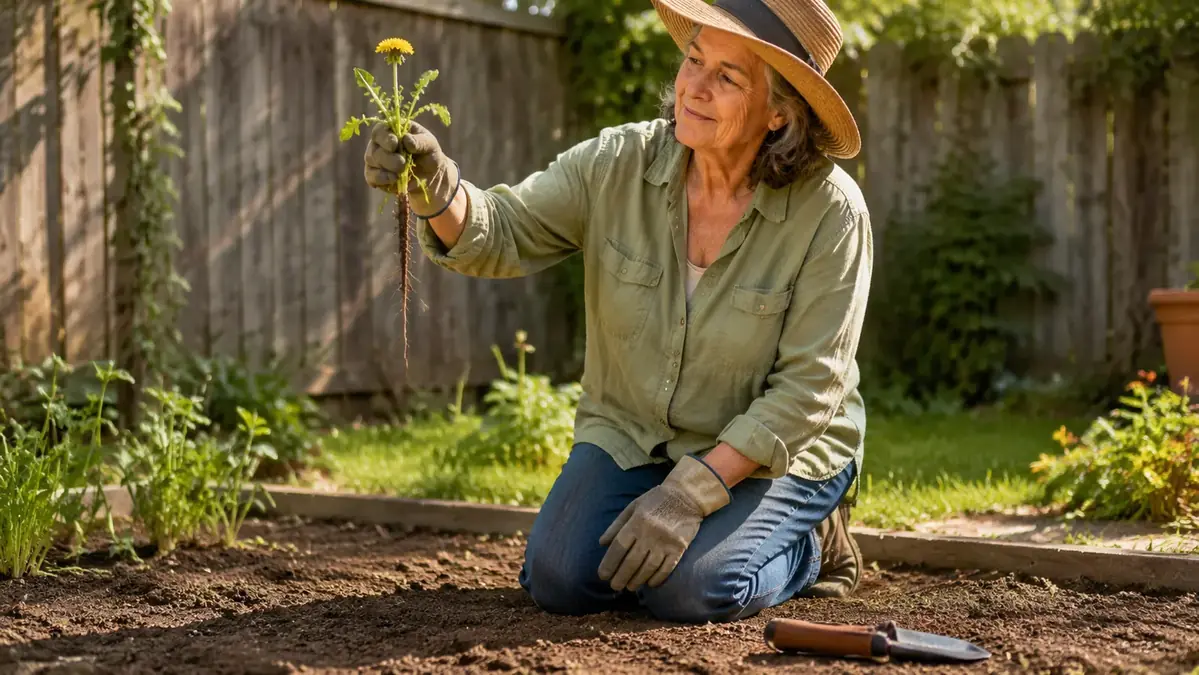 Gardener holding up a dandelion with a long intact taproot next to a hori hori knife resting in a garden bed