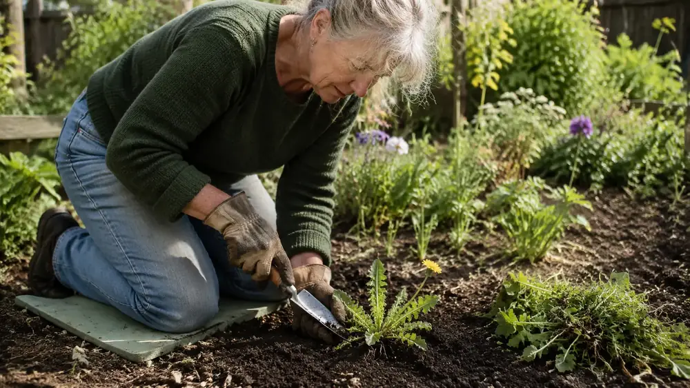Woman in her 60s kneeling in a garden bed driving a hori hori knife into the soil beside a dandelion