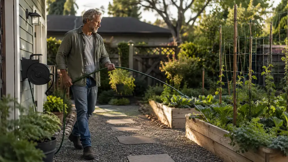 Gardener pulling hose out from a wall-mounted retractable reel to water raised garden beds