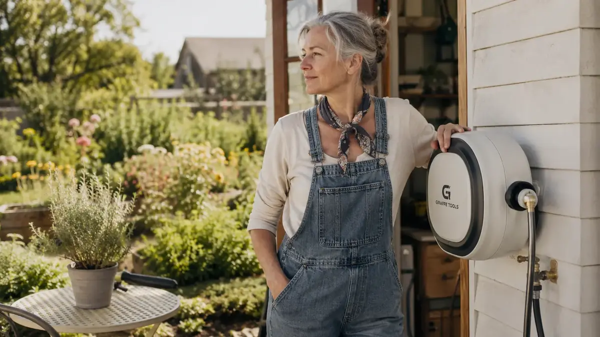 Woman in gardening gloves standing beside a wall-mounted retractable hose reel outside a potting shed, hose neatly coiled inside