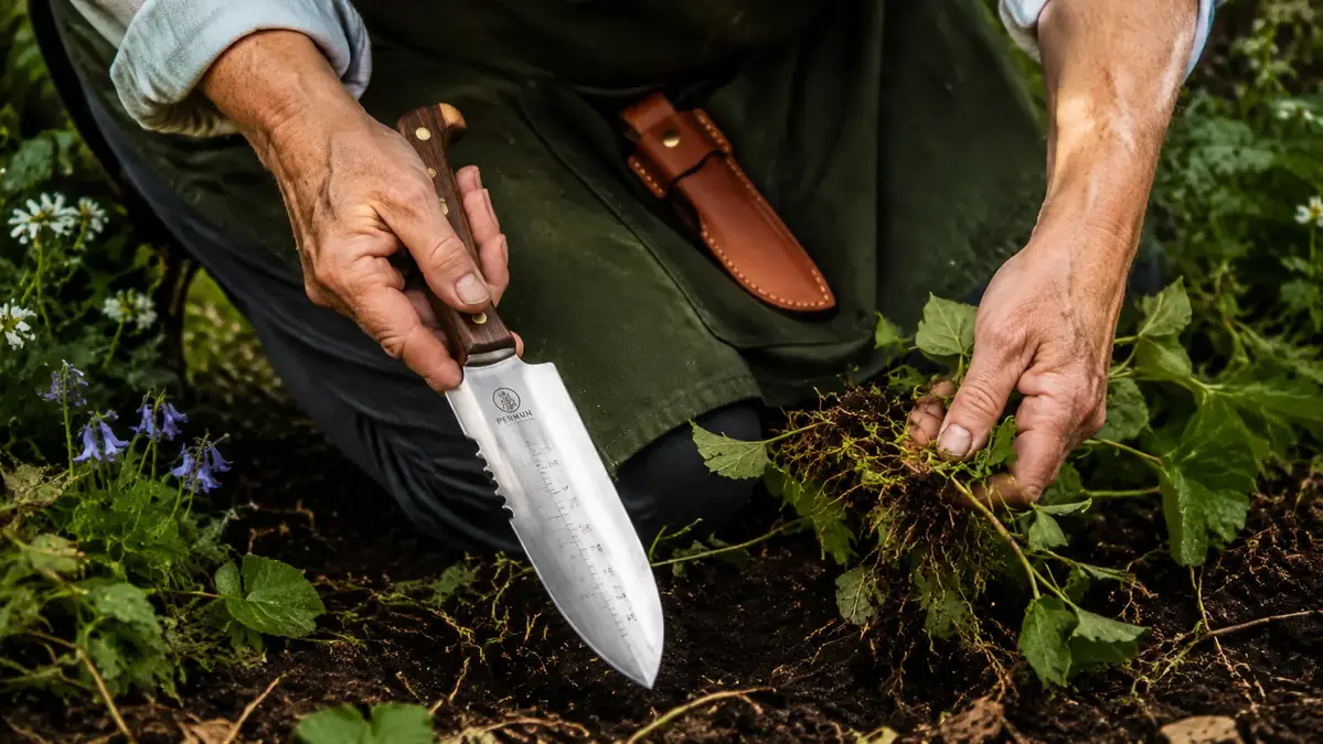 Hand holding a PERWIN hori hori garden knife with walnut handle and belt sheath over a garden bed