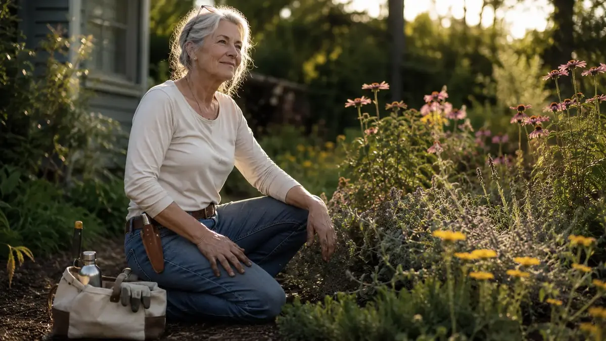 Gardener kneeling in a tidy flower bed with a hori hori knife sheathed on her belt, light garden bag beside her