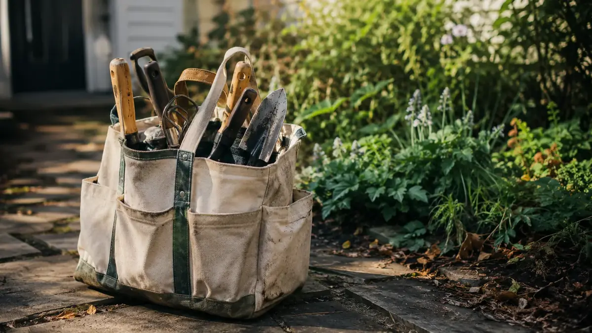Heavy canvas garden tote bag stuffed with separate hand tools sitting on a backyard path
