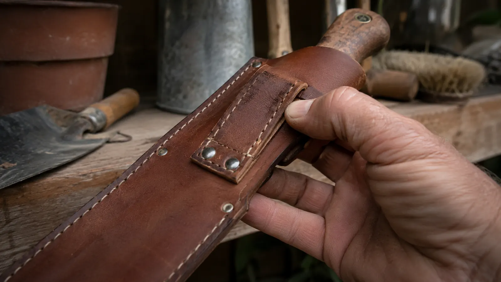 Gardener's hand testing the stitching on the PERWIN hori hori sheath's belt loop