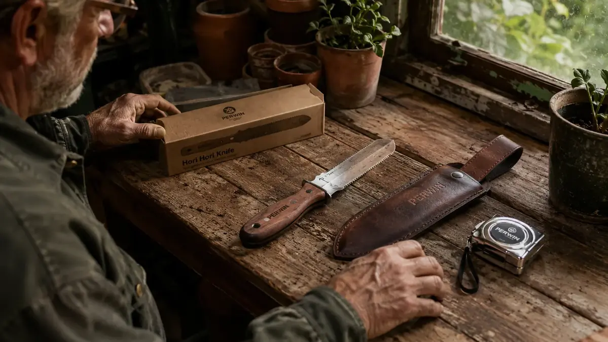 PERWIN hori hori knife lying on a wooden potting bench next to its sheath and a tape measure