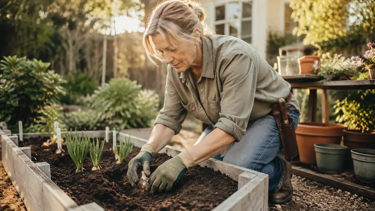 Gardener kneeling at a raised bed with the hori hori knife and sheath clipped to her belt